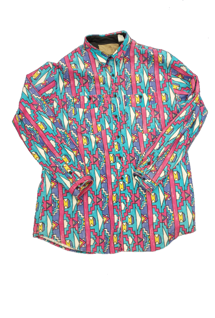 80s Geometric Colorblock Long Sleeve Button Down (Size XL)